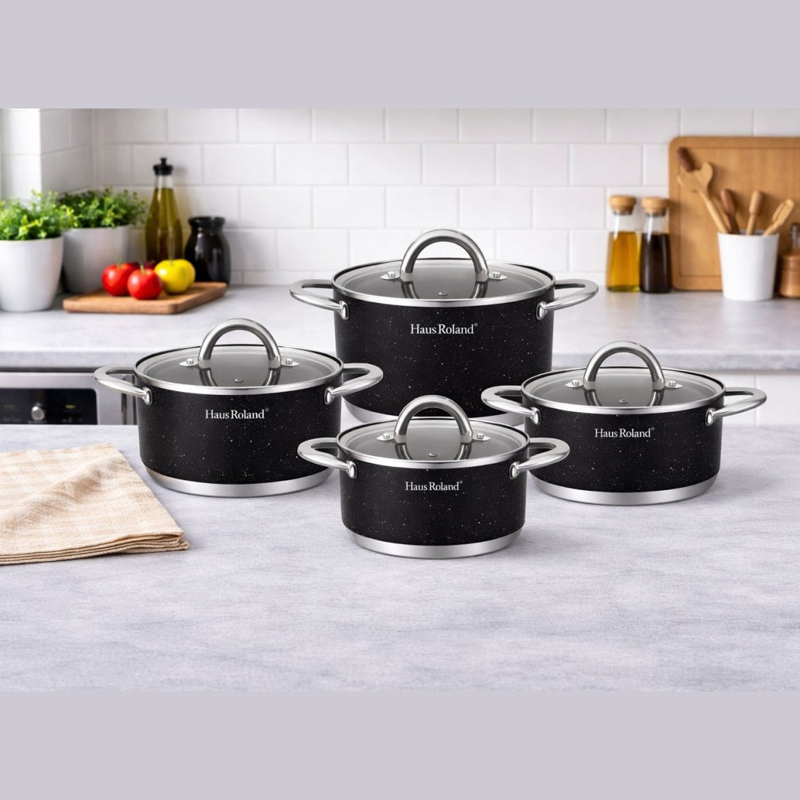 Set de vase de gătit Royalty Line, 4 piese, metal, antiaderent, culoare negru