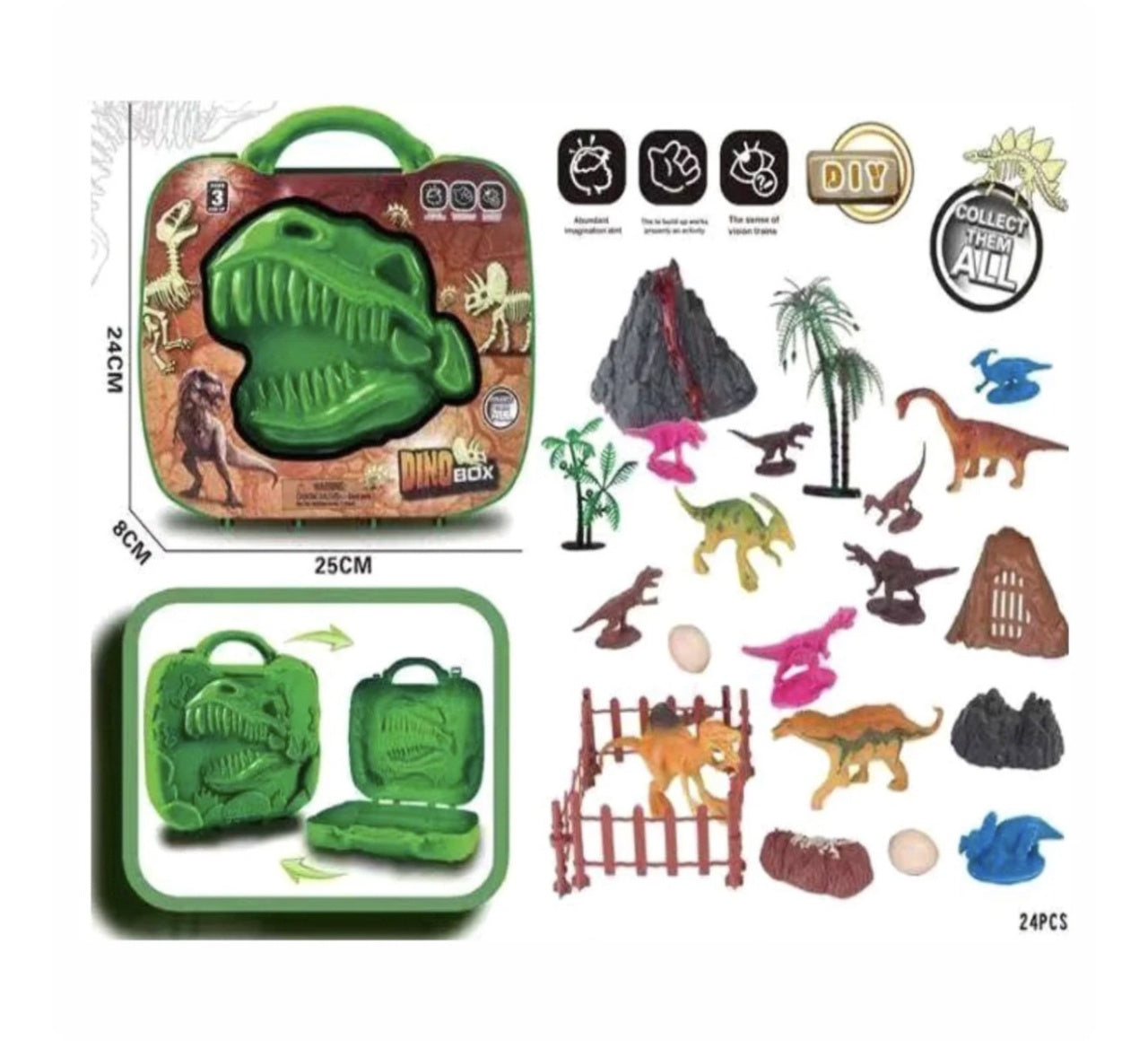 Set Dinozauri Dino Box , 24 Piese, Cutie 25x24x8 cm, Jucarii Preistorice cu Vulcan, Copaci si Figurine