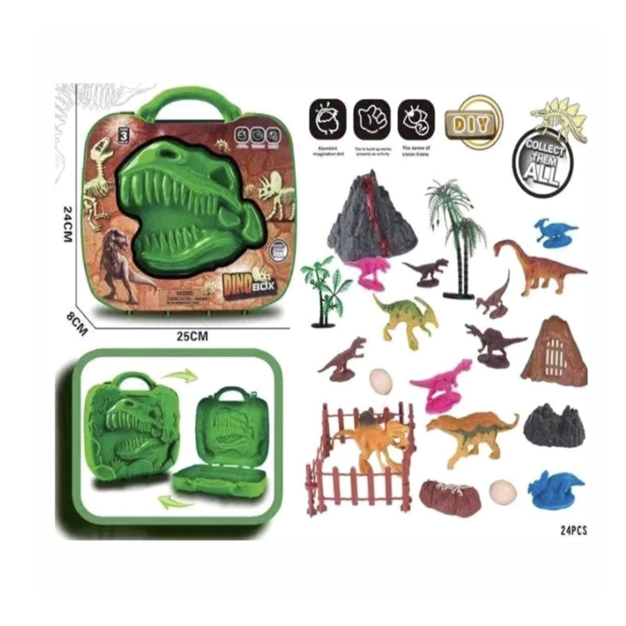 Set Dinozauri Dino Box , 24 Piese, Cutie 25x24x8 cm, Jucarii Preistorice cu Vulcan, Copaci si Figurine