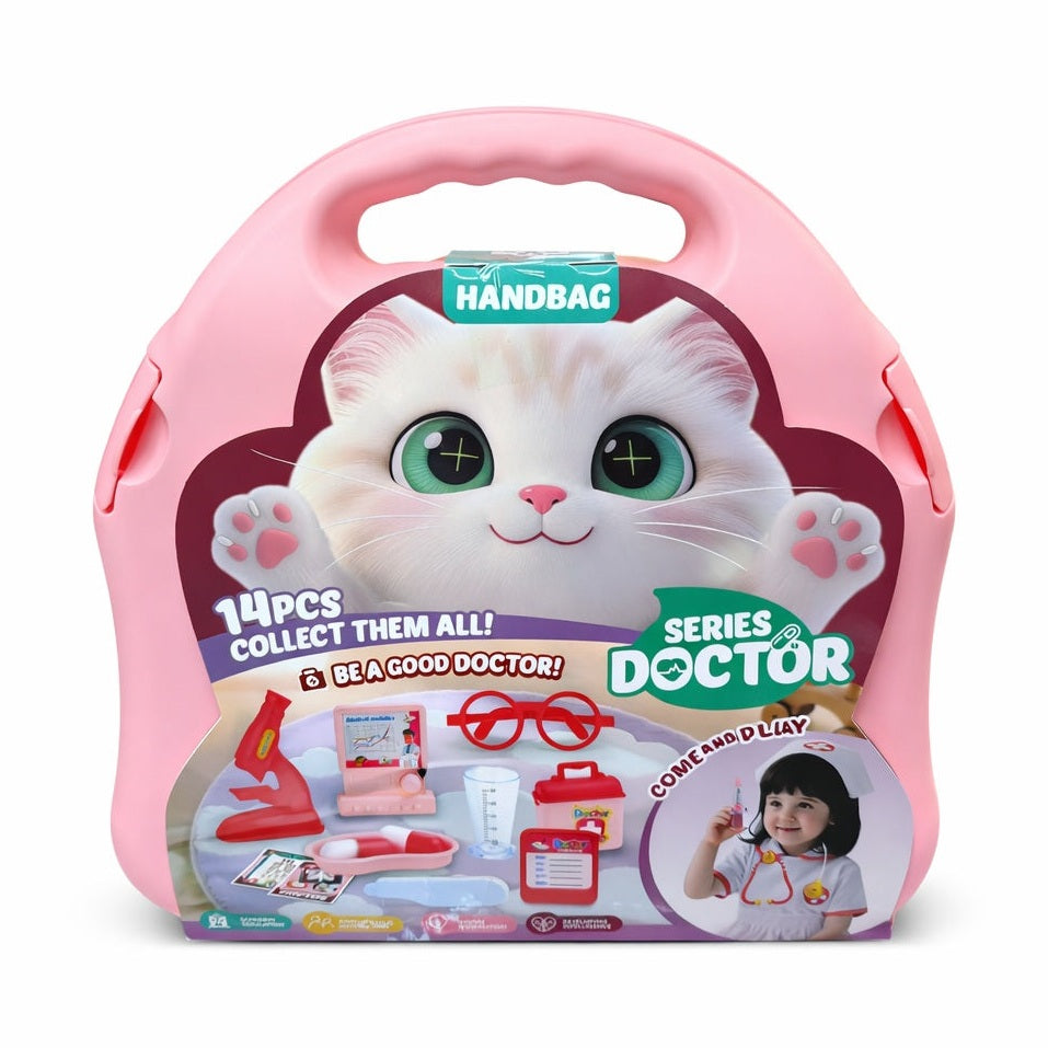 Set educativ trusă medicală pentru copii, 14 piese, plastic, roz, 28x27x8 cm