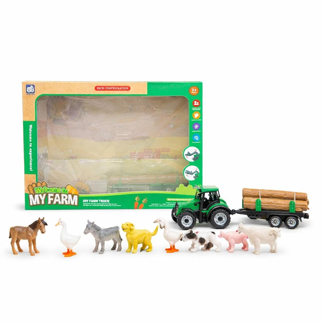 Set ferma pentru copii cu tractor, remorca si 10 animale domestice