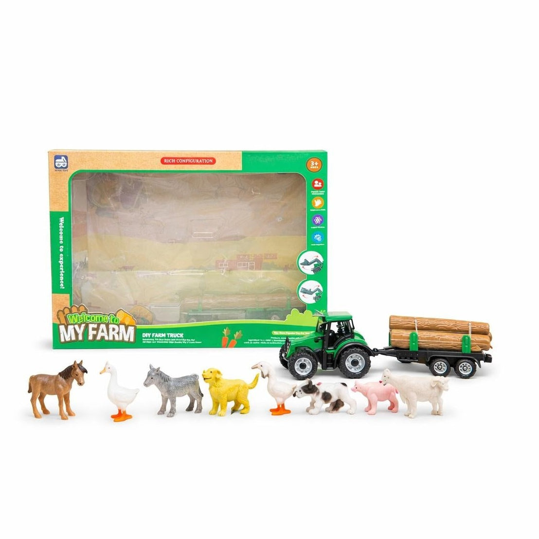Set ferma pentru copii cu tractor, remorca si 10 animale domestice
