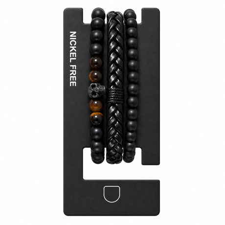 Set format din 3 bratari reglabile barbati cu craniu negru si margele negre-maro Roxe