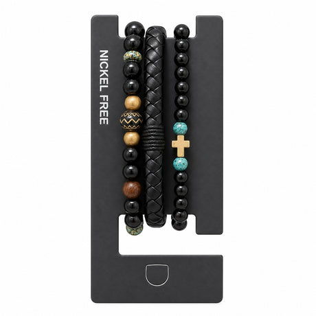 Set format din 3 bratari reglabile barbati cu cruce aurie si margele negre Roxe