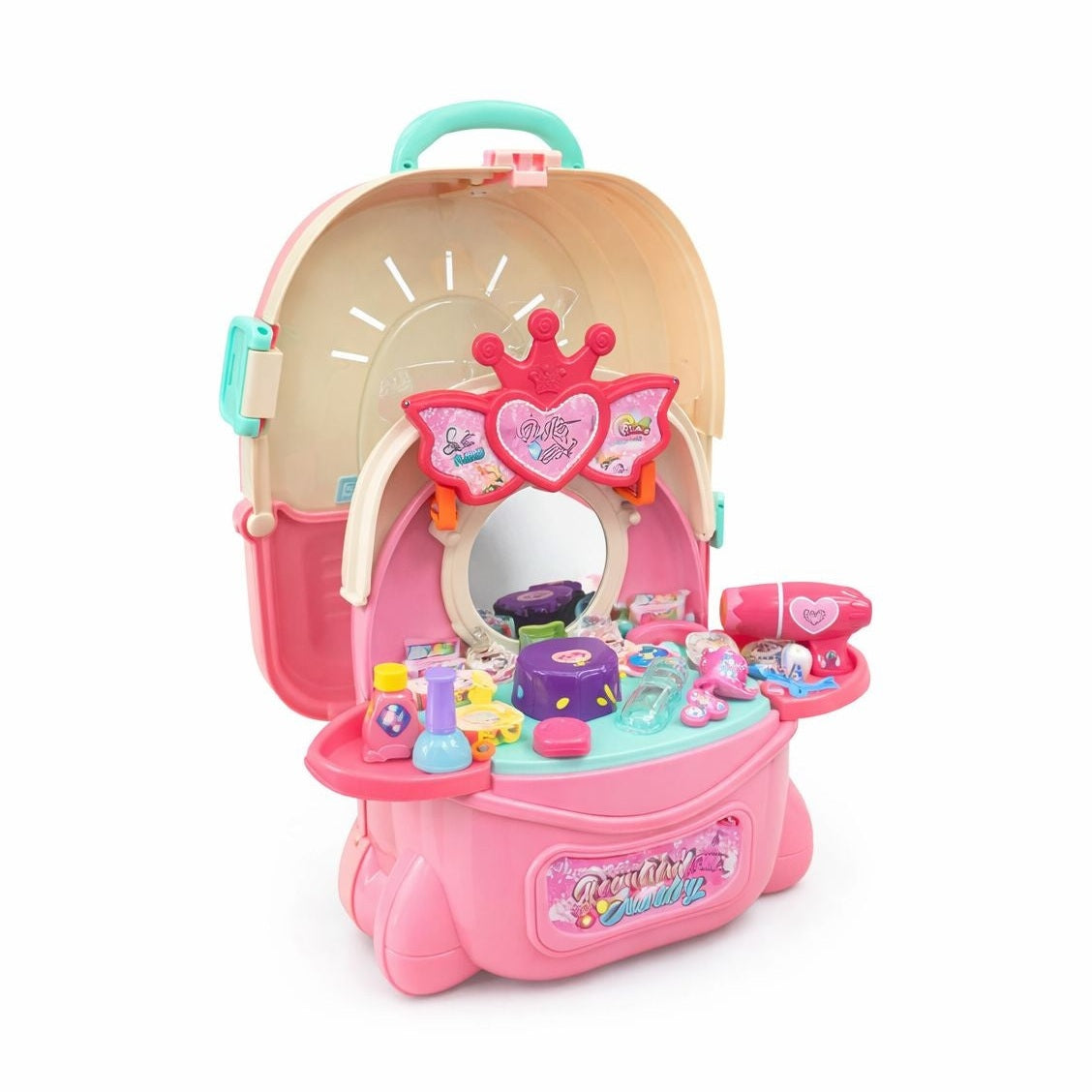 Set jucarie fete, masuta bijuterii si accesorii, tip ghiozdan, 35cm
