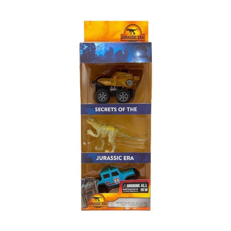 Set Jucarii Jurassic Era 3 Piese , 2 Masinute Off-Road si 1 Dinozaur , Plastic Multicolor