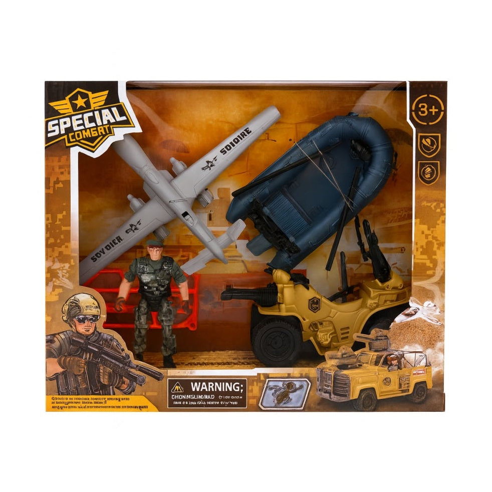 Set Jucarii Militari Special Combat , Avion, Barca, Vehicul Tactic si Soldat, 27x23 cm