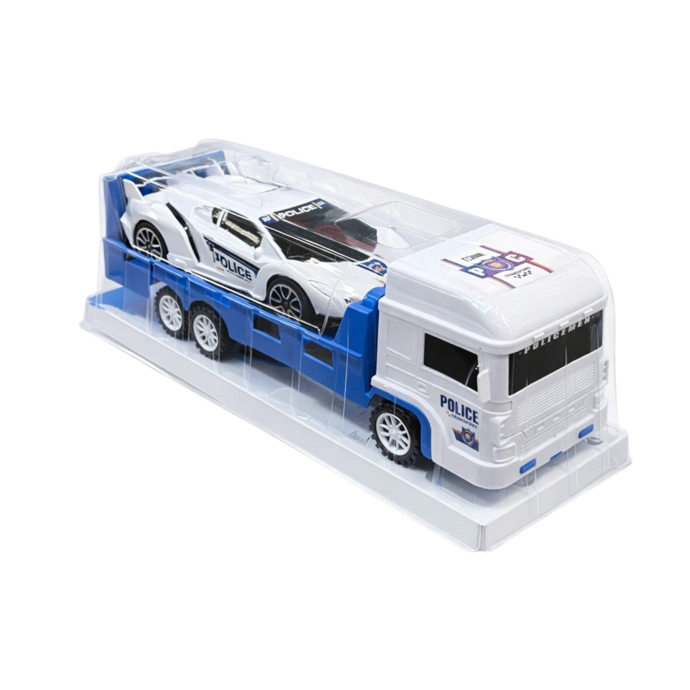 Set Jucării Transportor Platformă și Mașină de Poliție, Plastic, 33 cm, Albastru