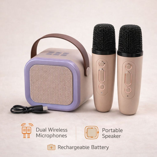 Set karaoke portabil cu 2 microfoane wireless si boxa Bluetooth, model K12, roz