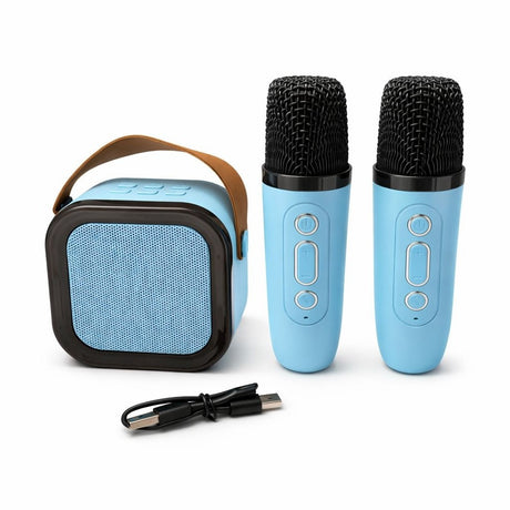 Set karaoke portabil cu 2 microfoane wireless si boxa Bluetooth, model K12, albastru