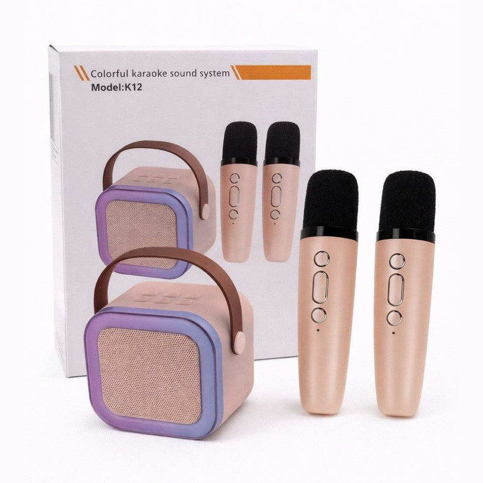 Set karaoke portabil cu 2 microfoane wireless si boxa Bluetooth, model K12, albastru