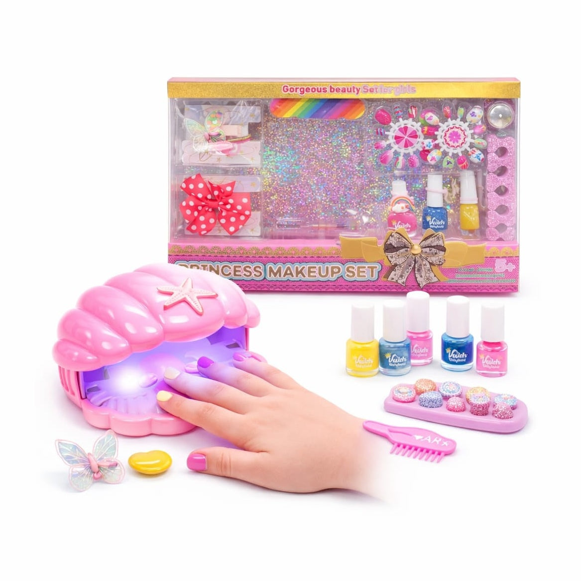 Set manichiura fetite cu lampa uscare, unghii false si accesorii, roz