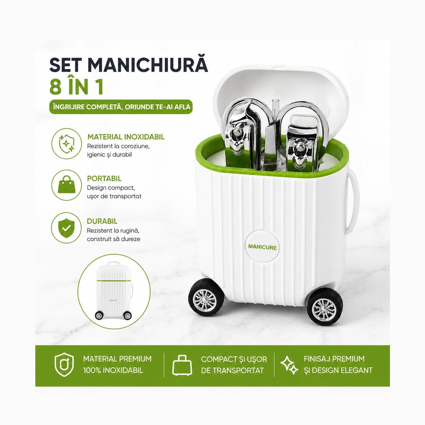 Set Manichiură Profesional cu Husă Troller Alb – Kit Portabil pentru Îngrijirea Unghiilor