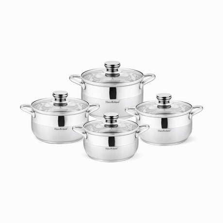 Set oale din oțel inoxidabil cu capace din sticlă, 8 piese, compatibil inducție