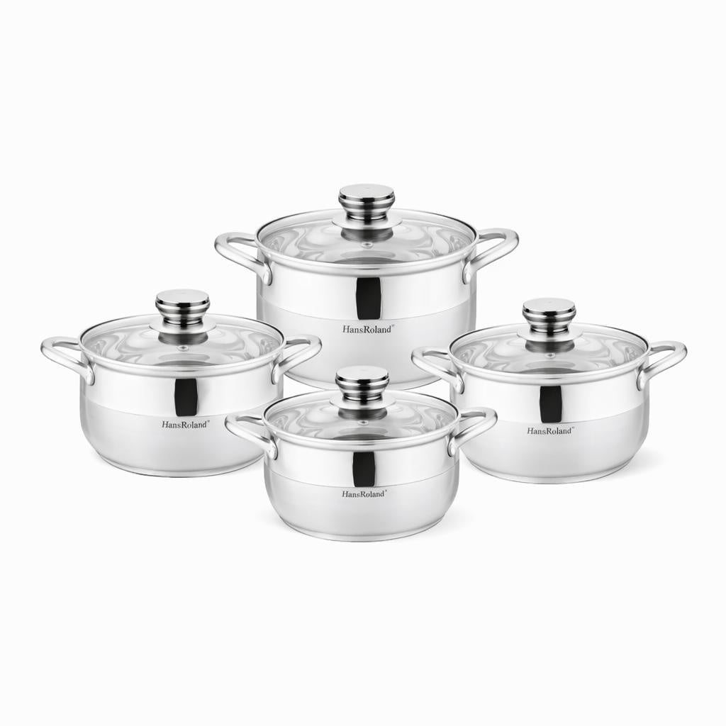 Set oale din oțel inoxidabil cu capace din sticlă, 8 piese, compatibil inducție