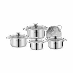 Set oale din oțel inoxidabil cu capace din sticlă și strecurătoare, 9 piese, Argintiu