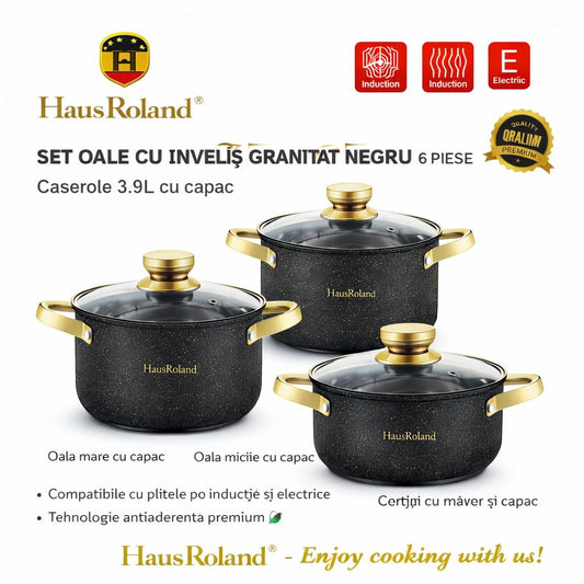 Set oale HausRoland cu înveliș granitat și capace din sticlă, 6 piese, negru