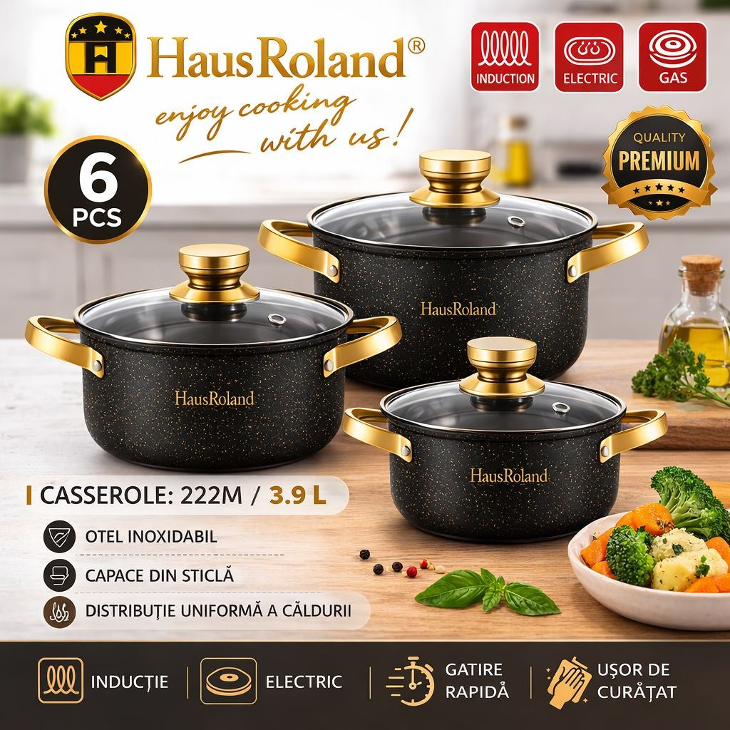 Set oale HausRoland cu înveliș granitat și capace din sticlă, 6 piese, negru