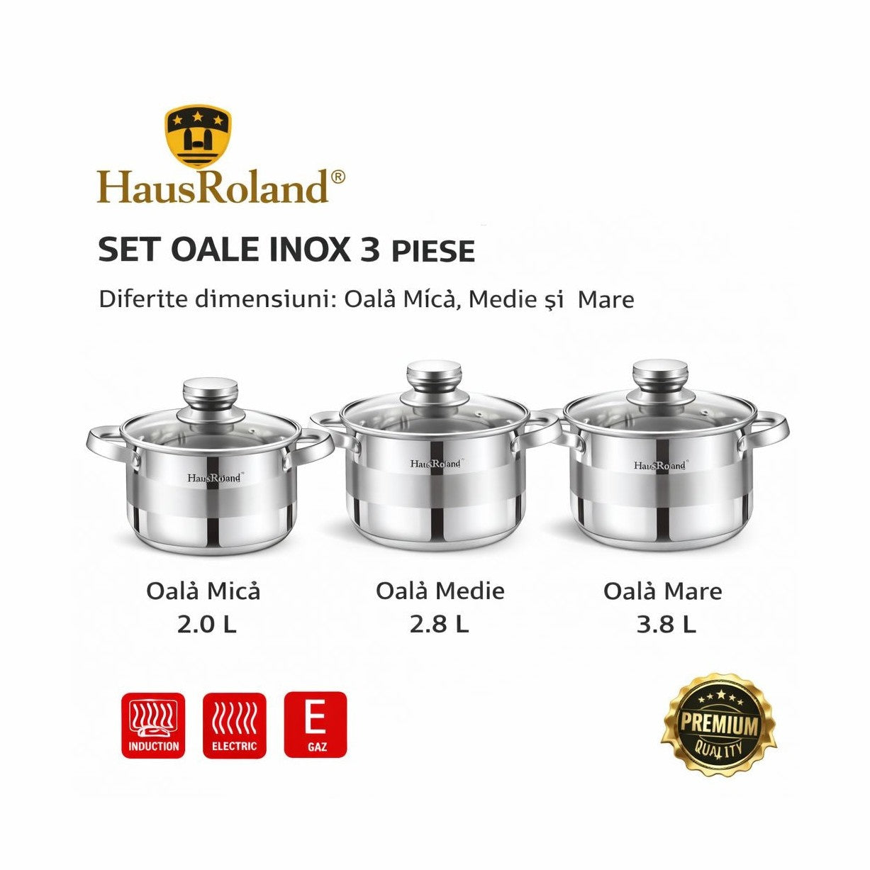 Set oale HausRoland din oțel inoxidabil cu capace din sticlă, 3 piese, compatibil inducție