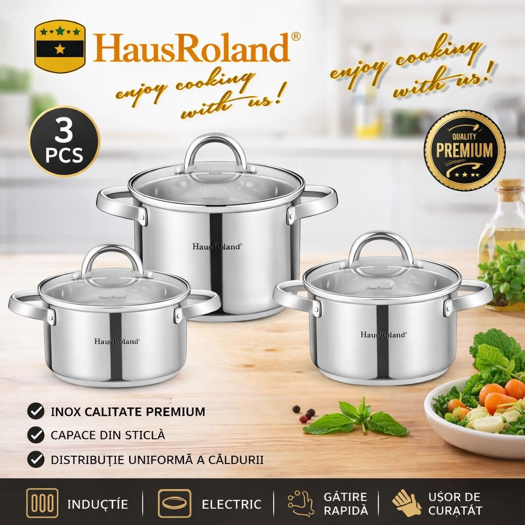 Set oale HausRoland din oțel inoxidabil cu capace din sticlă, 3 piese