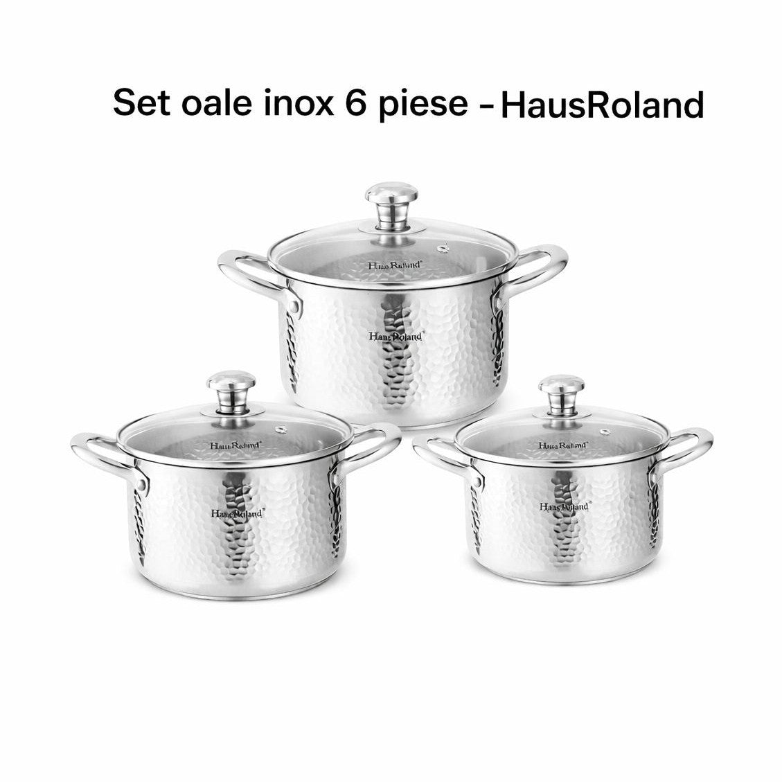 Set oale HausRoland din oțel inoxidabil texturat cu capace din sticlă, 6 piese