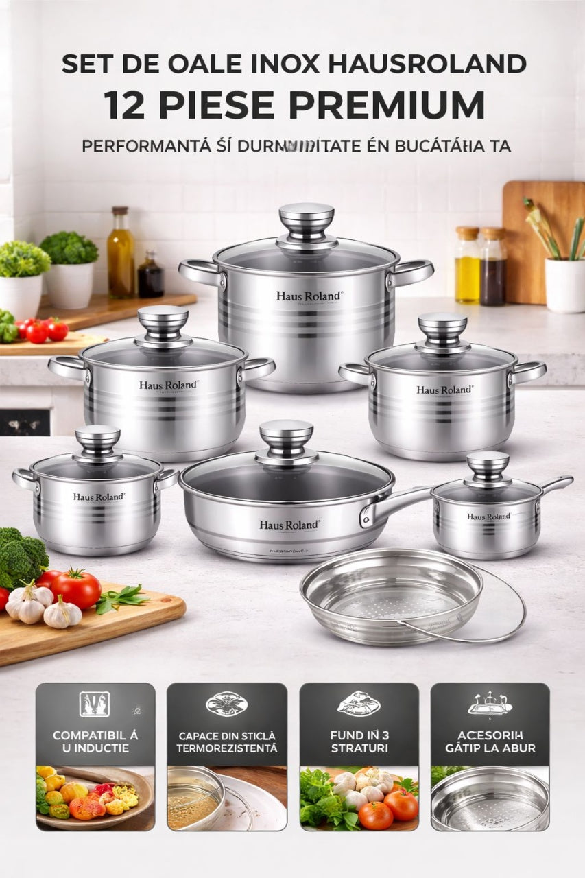 Set oale inox HausRoland 12 piese cu capace din sticlă și accesoriu pentru gătit la abur