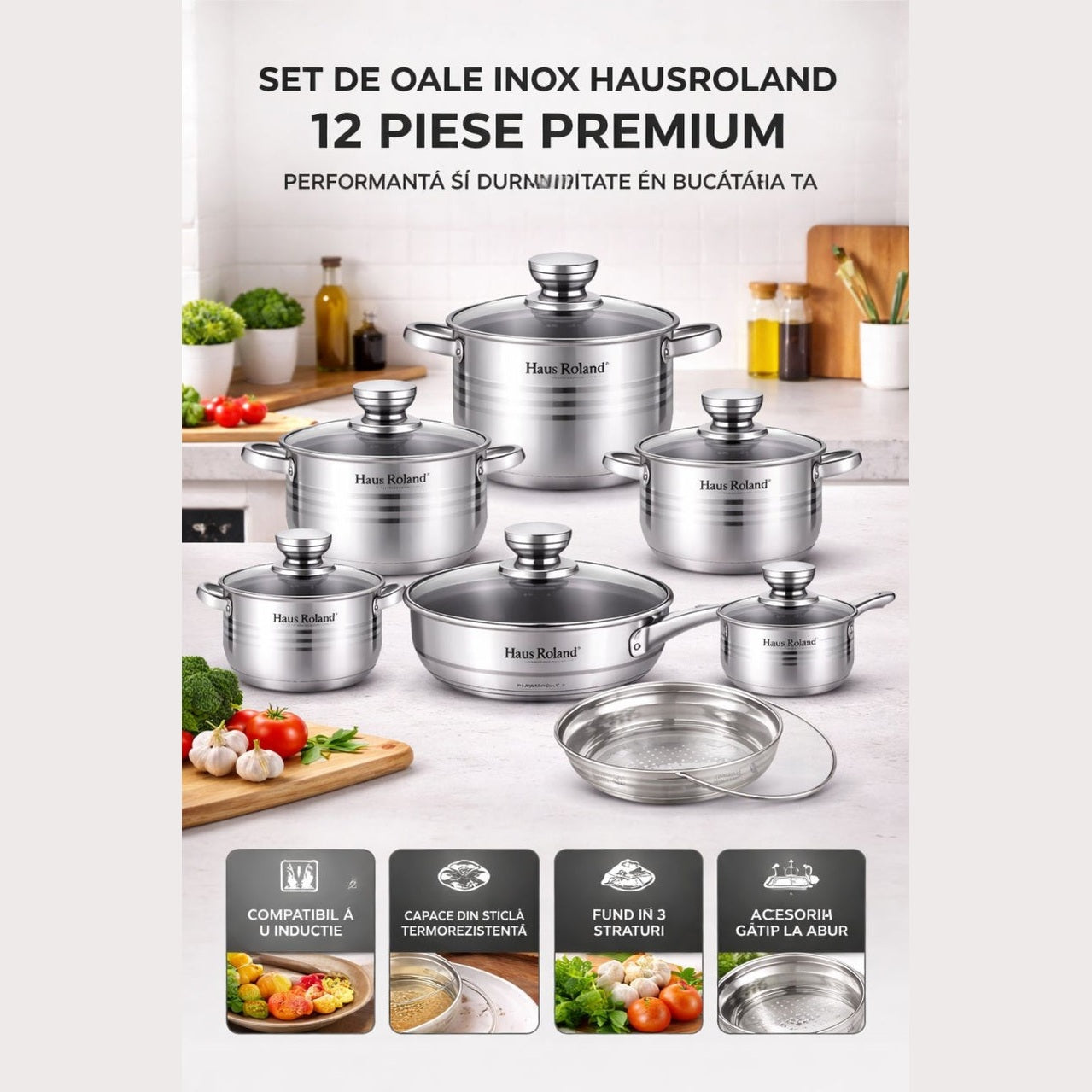 Set oale inox HausRoland 12 piese cu capace din sticlă și accesoriu pentru gătit la abur