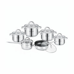 Set oale inox HausRoland 12 piese cu capace din sticlă, tigaie și cratiță, compatibil inducție