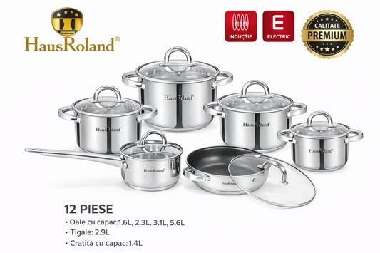 Set oale inox HausRoland 12 piese cu capace din sticlă, tigaie și cratiță, compatibil inducție