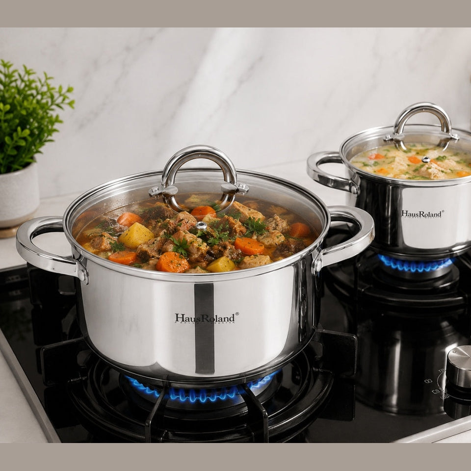 Set oale inox HausRoland 12 piese cu capace din sticlă, tigaie și cratiță, compatibil inducție