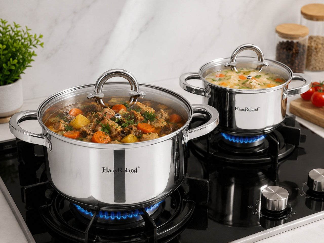 Set oale inox HausRoland 12 piese cu capace din sticlă, tigaie și cratiță, compatibil inducție