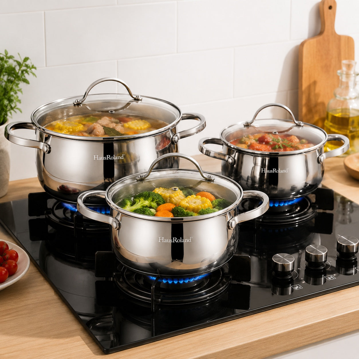 Set oale inox HausRoland 6 piese cu capace sticla, inductie, 1.9L–3.6L