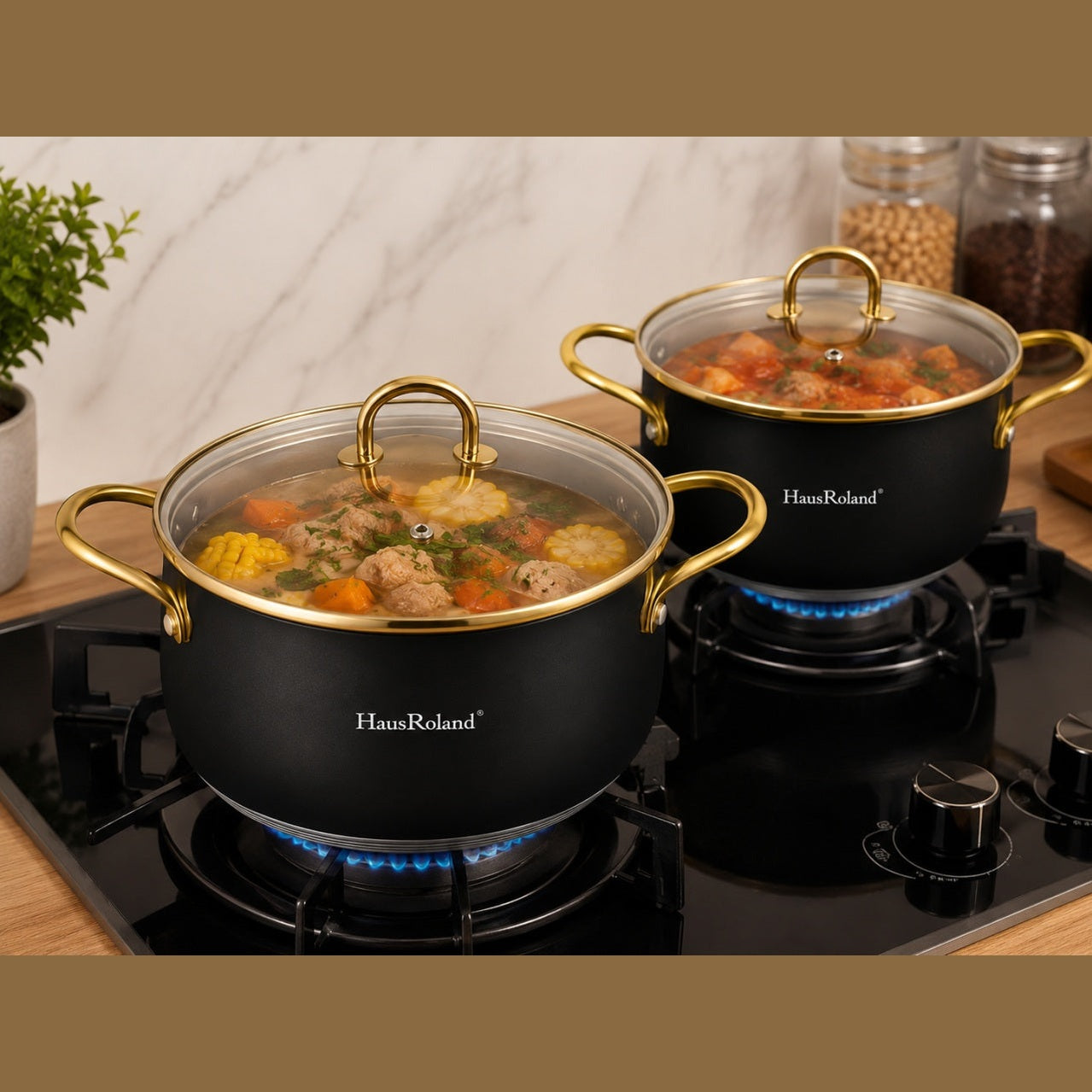 Set oale inox HausRoland 6 piese negre cu auriu, capace sticla, 2.6L–6.1L