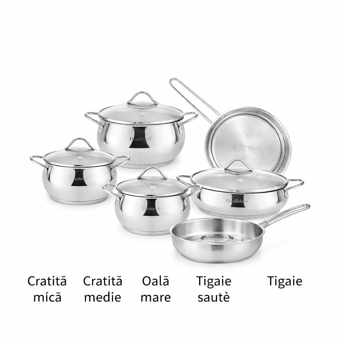 Set oale și tigăi din oțel inoxidabil cu capace din sticlă, 9 piese, compatibil inducție