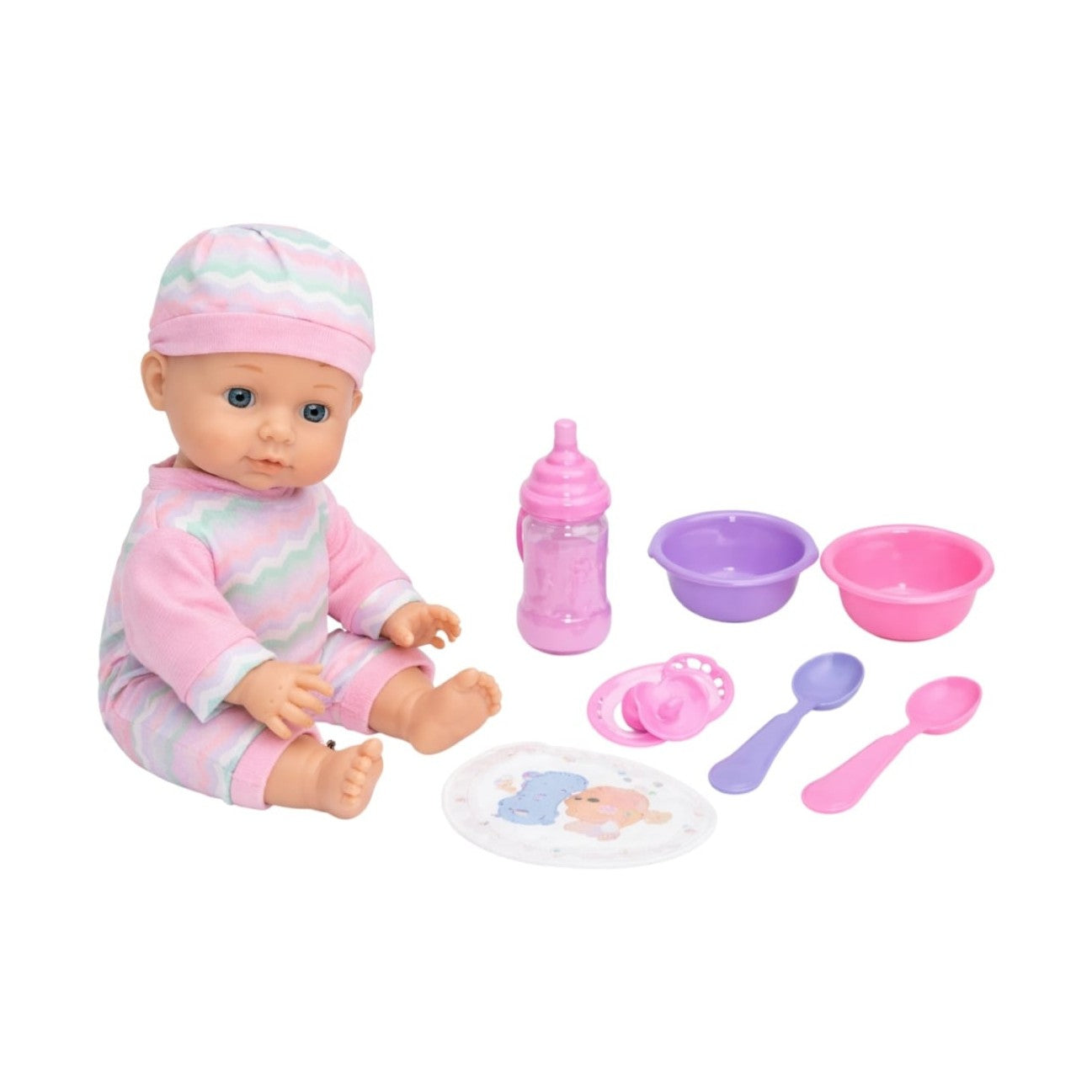 Set păpușă bebeluș din plastic cu accesorii de hrănire și haine detasabile, 32 cm