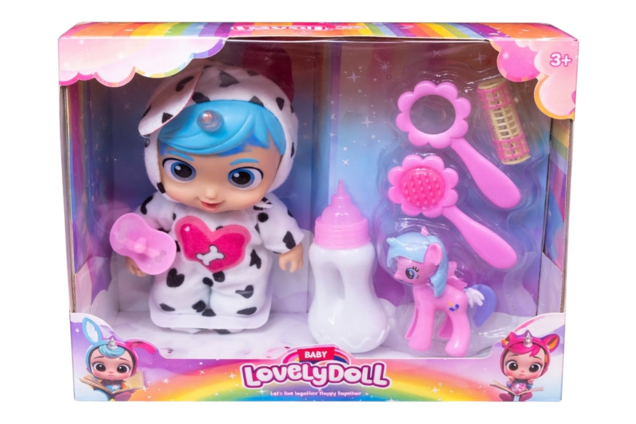 Set păpușă Lovely Doll cu accesorii - suzeta și biberon, 27 cm, multicolor
