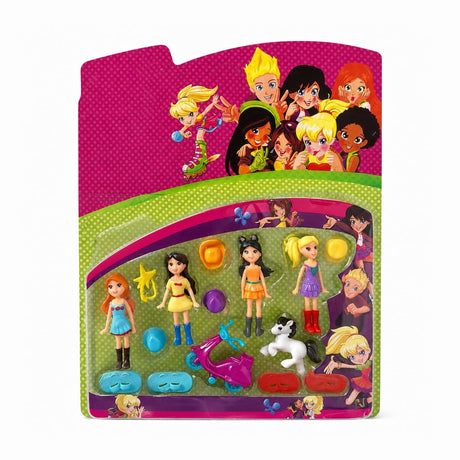 Set papusi mini cu accesorii, 4 figurine fetite cu scuter si calut, jucarie copii 44x36 cm