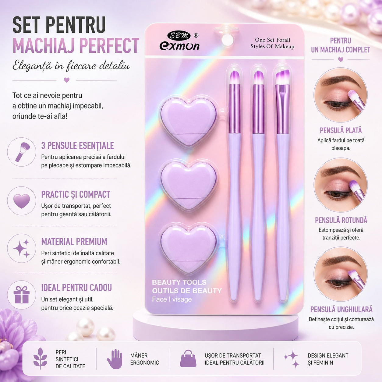 Set Pensule și Bureței Machiaj Mov – 3 Pensule Profesionale și 3 Bureței pentru Makeup Perfect