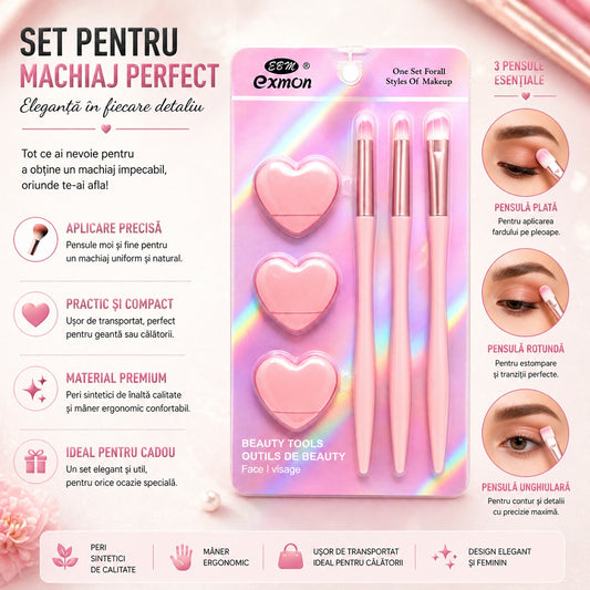 Set Pensule și Bureței Machiaj Roz – 3 Pensule Profesionale și 3 Bureței pentru Makeup Perfect
