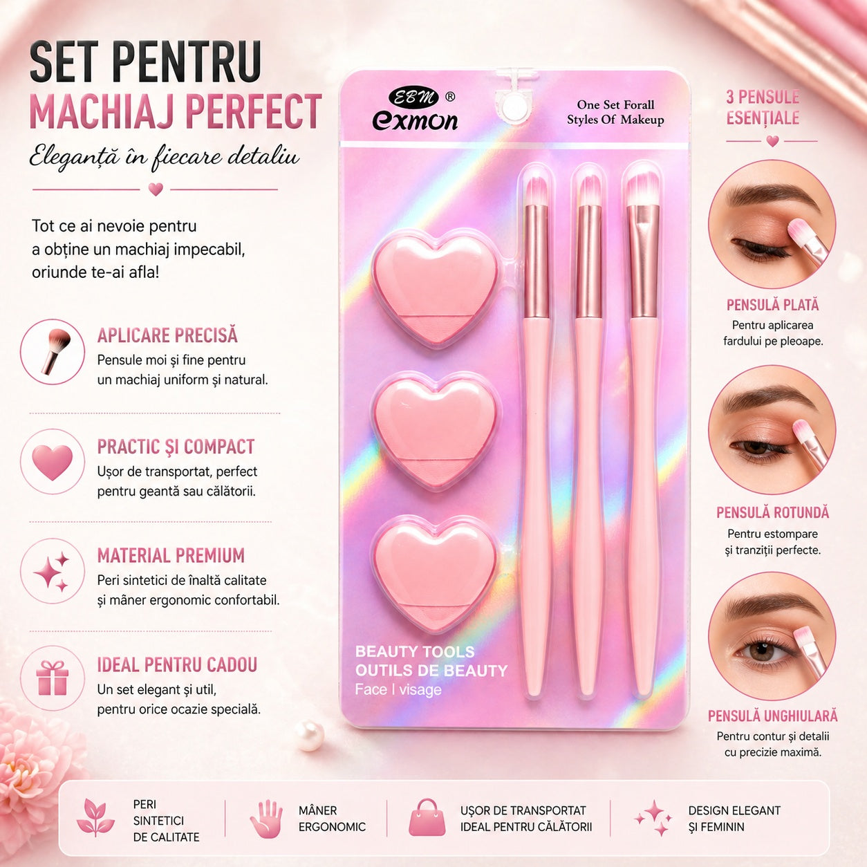 Set Pensule și Bureței Machiaj Roz – 3 Pensule Profesionale și 3 Bureței pentru Makeup Perfect