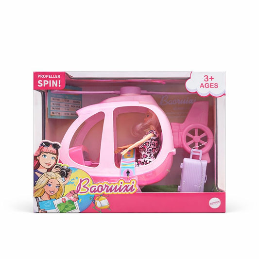 Set pentru fetite cu papusa, elicopter roz si accesorii calatorie
