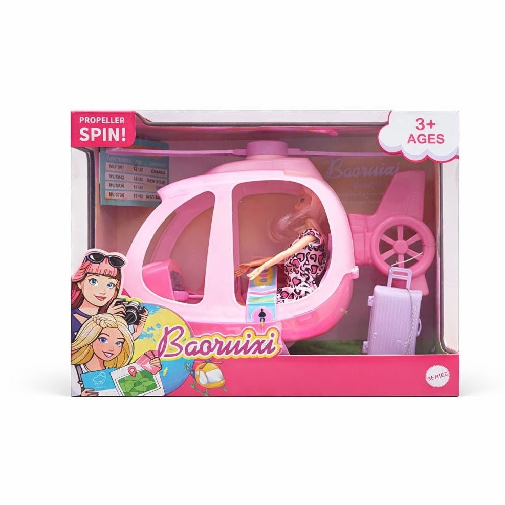 Set pentru fetite cu papusa, elicopter roz si accesorii calatorie