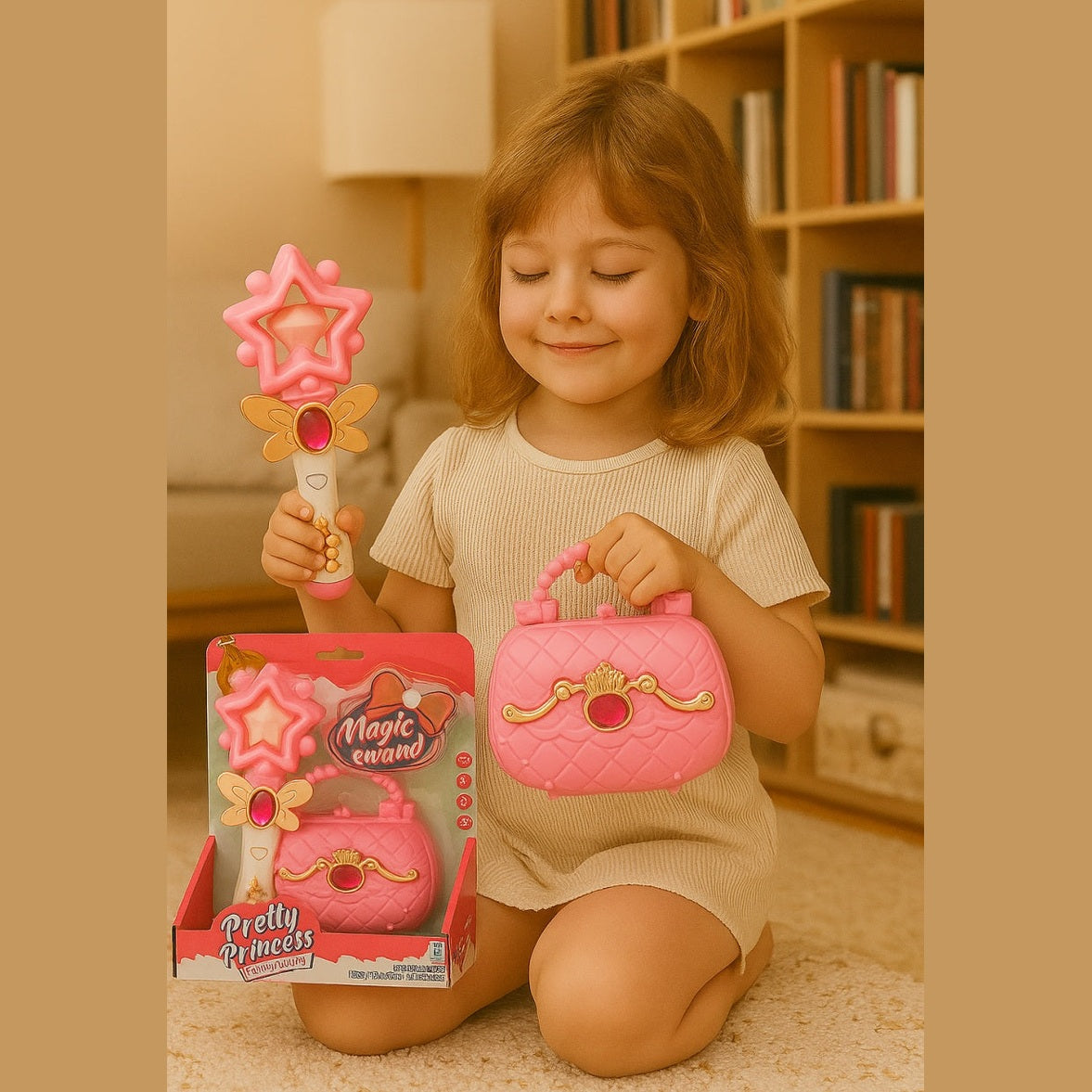 Set Pretty Princess cu bagheta magica si gentuta roz, jucarie pentru fetite, 25x21.5cm, 3+ ani