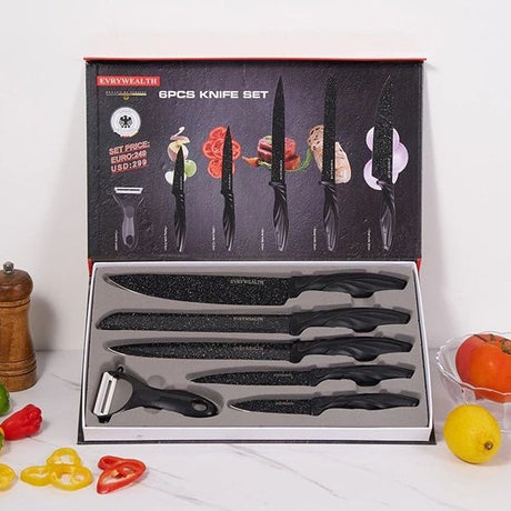 Set profesional 6 cutite bucatarie cu decojitor, lame antiaderente tip granit, ultra ascutite