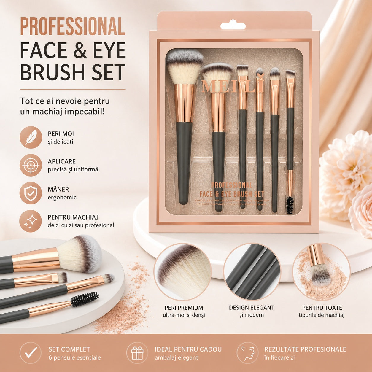 Set Profesional 6 Pensule Machiaj – Peri Ultra-Moi și Design Elegant Rose Gold
