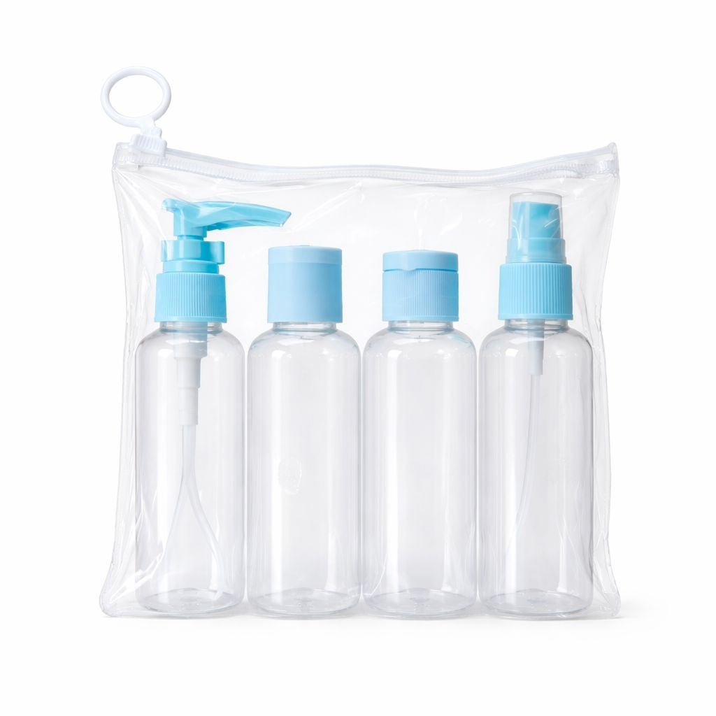 Set recipiente cosmetice de călătorie, 4 bucăți, albastru/roz