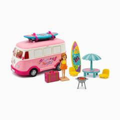 Set rulota van de vacanta cu papusa si accesorii plaja, surf, roz 20x22 cm