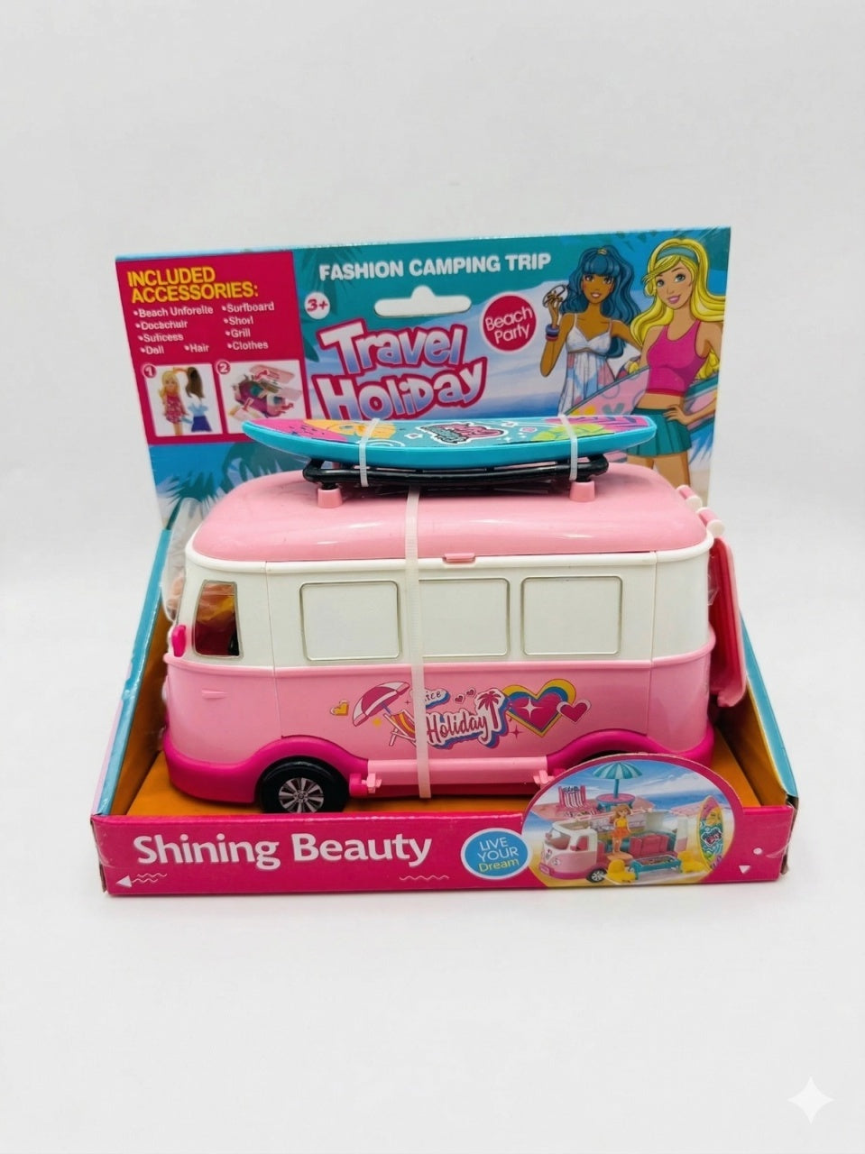 Set rulota van de vacanta cu papusa si accesorii plaja, surf, roz 20x22 cm