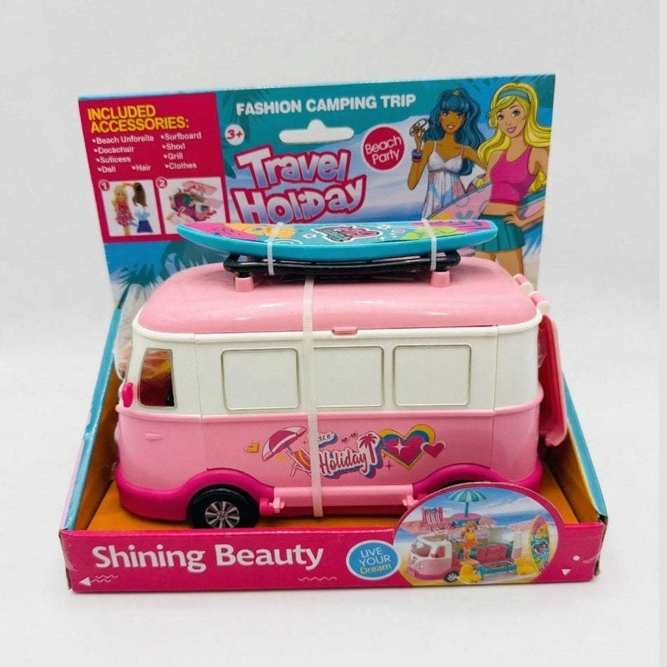 Set rulota van de vacanta cu papusa si accesorii plaja, surf, roz 20x22 cm