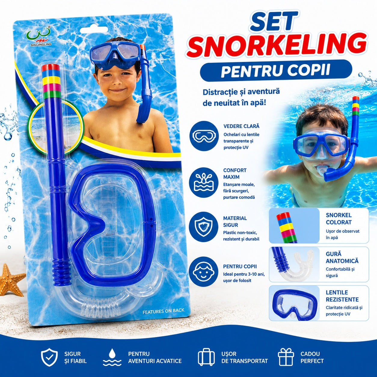 Set Snorkeling Albastru pentru Copii – Mască și Tub pentru Scufundări